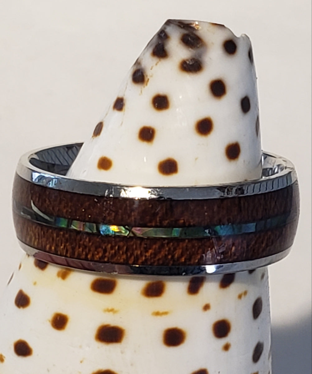 Double Koa and Thin Abalone Shell Stainless Steel Ring Sizes 7 to 14 ...