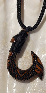 Koa Wood Hook (Xtra-Large) with Hawaiian tribal design 32" long Adjustable Cord