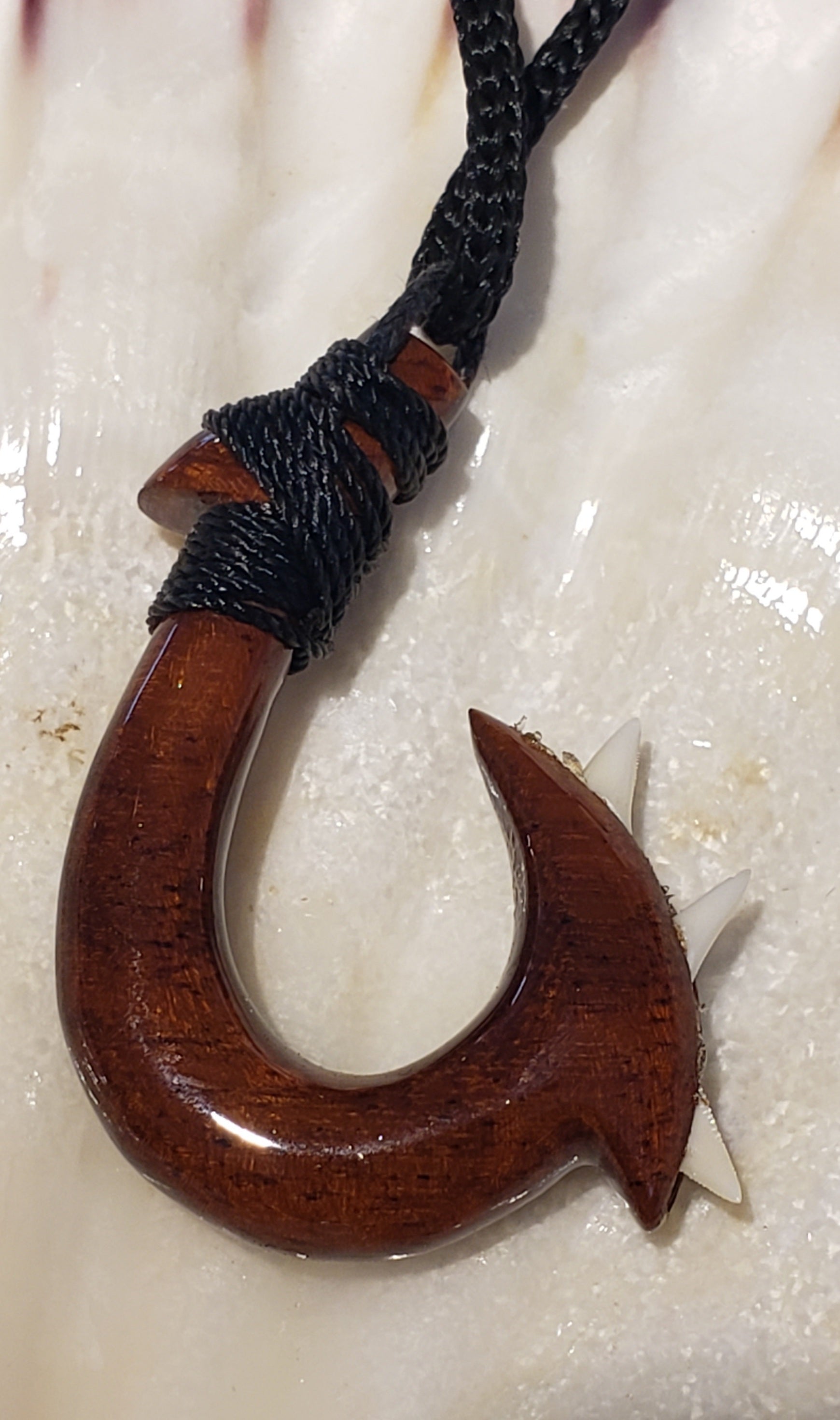 Koa Wood Hook with 3 Reef Shark Teeth and Hawaiian tribal design 32" long Adjustable Cord