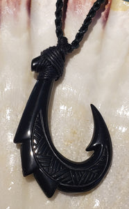 Jade Black Hook (Large) with Hawaiian tribal design 32" long Adjustable Cord