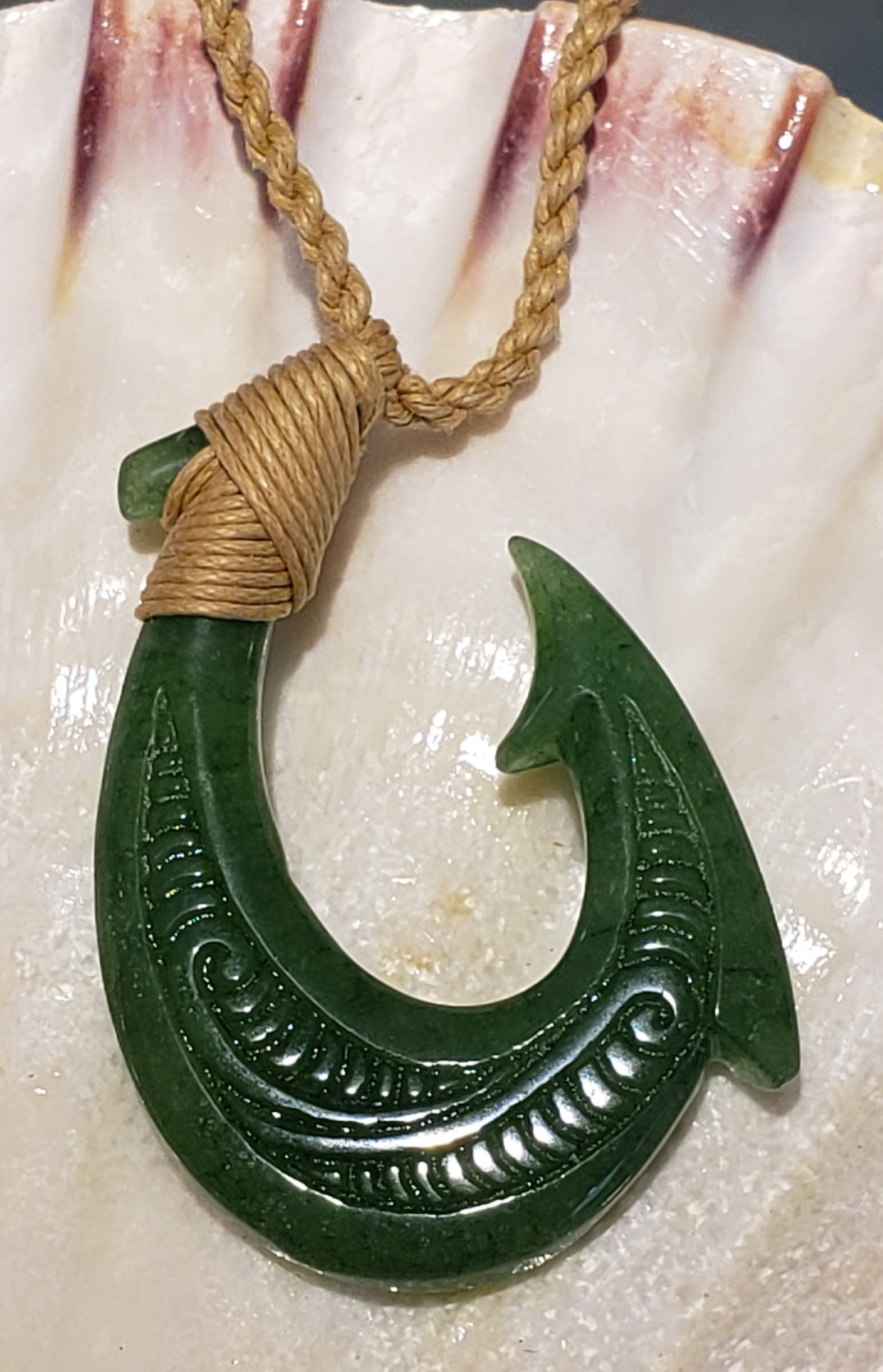 Jade Green Hook (Large) with Hawaiian tribal design 32" long Adjustable Cord