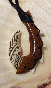 Koa Wood Hook with 4 Reef Shark Teeth and Cow Horn and Hawaiian Tribal Design 32" long Adjustable Cord