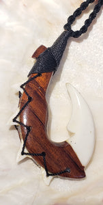 Koa Wood Hook with 4 Reef Shark Teeth and Cow Horn 32" long Adjustable Cord