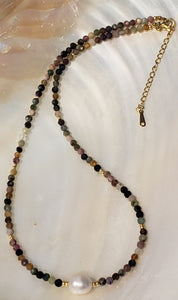 Necklace Rainbow Flourite and Fresh water Pearls Gold Filled