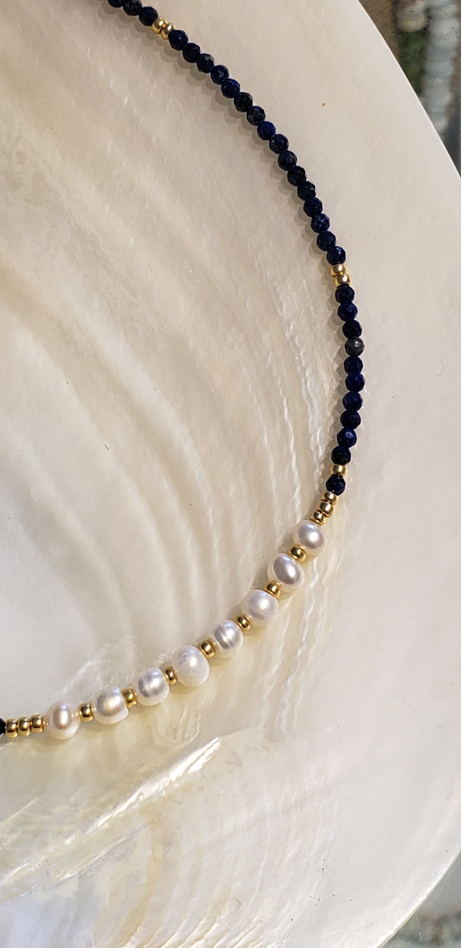 Necklace Blue Lapiz Gemstone and 8 Fresh Water Pearls Gold Filled