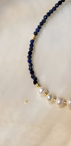 Bracelet Blue Lapiz Gemstone and 7 Fresh Water Pearls Gold Filled