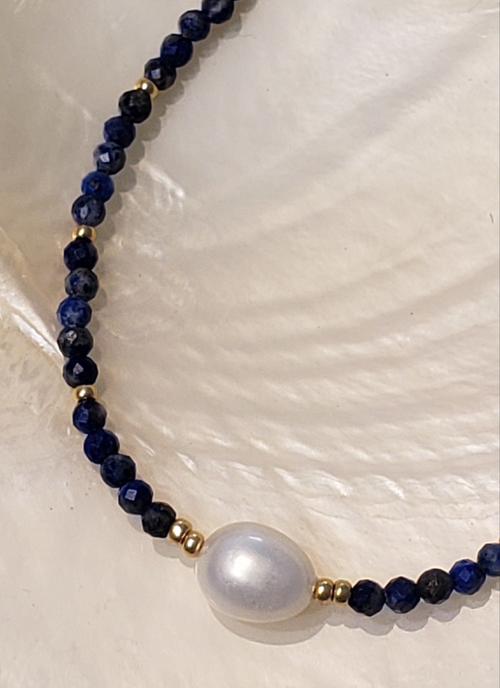 Necklace Blue Lapiz Gemstone and Fresh water Pearls Gold Filled