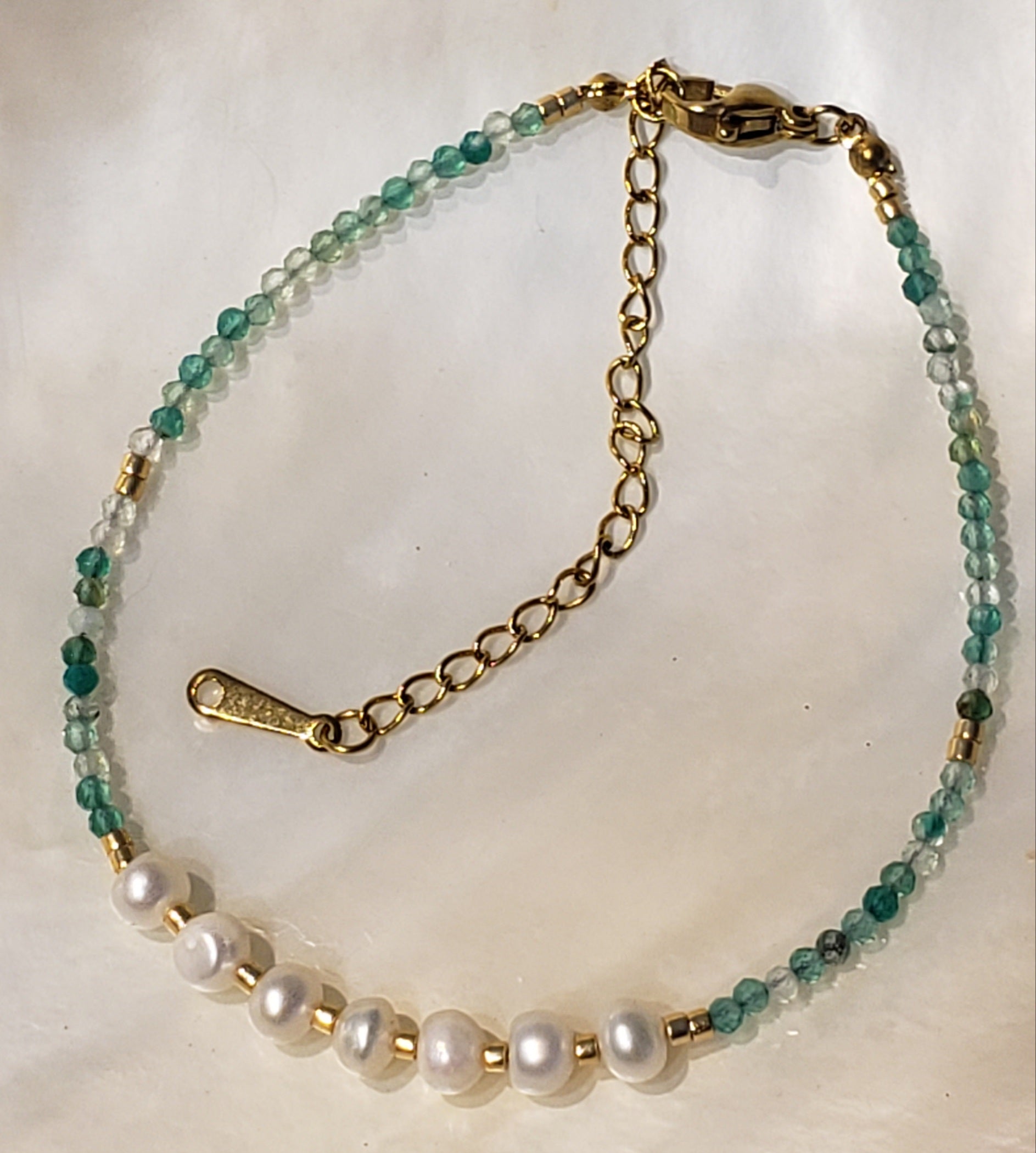 Bracelet Aquamarine Gemstone and 7 Fresh Water Pearls Gold Filled