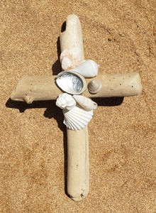 Driftwood Cross with Pearl and White Sea Shells and Coral