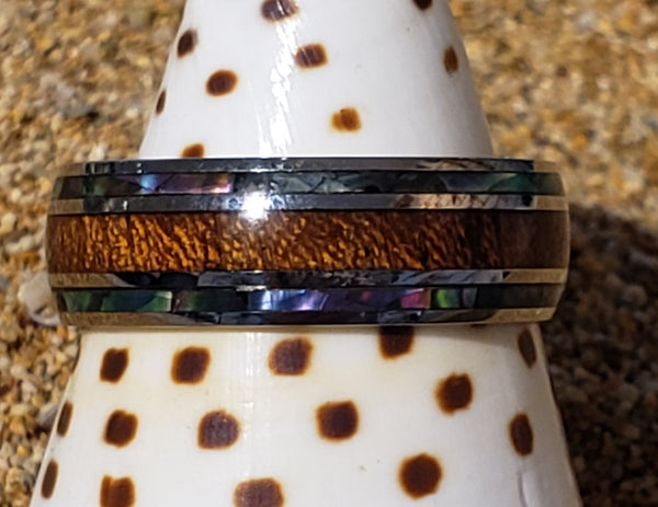 Stainless Steel Ring With Real Koa Wood & Abalone Inlay - 8mm Wide, Size 11 - View #12