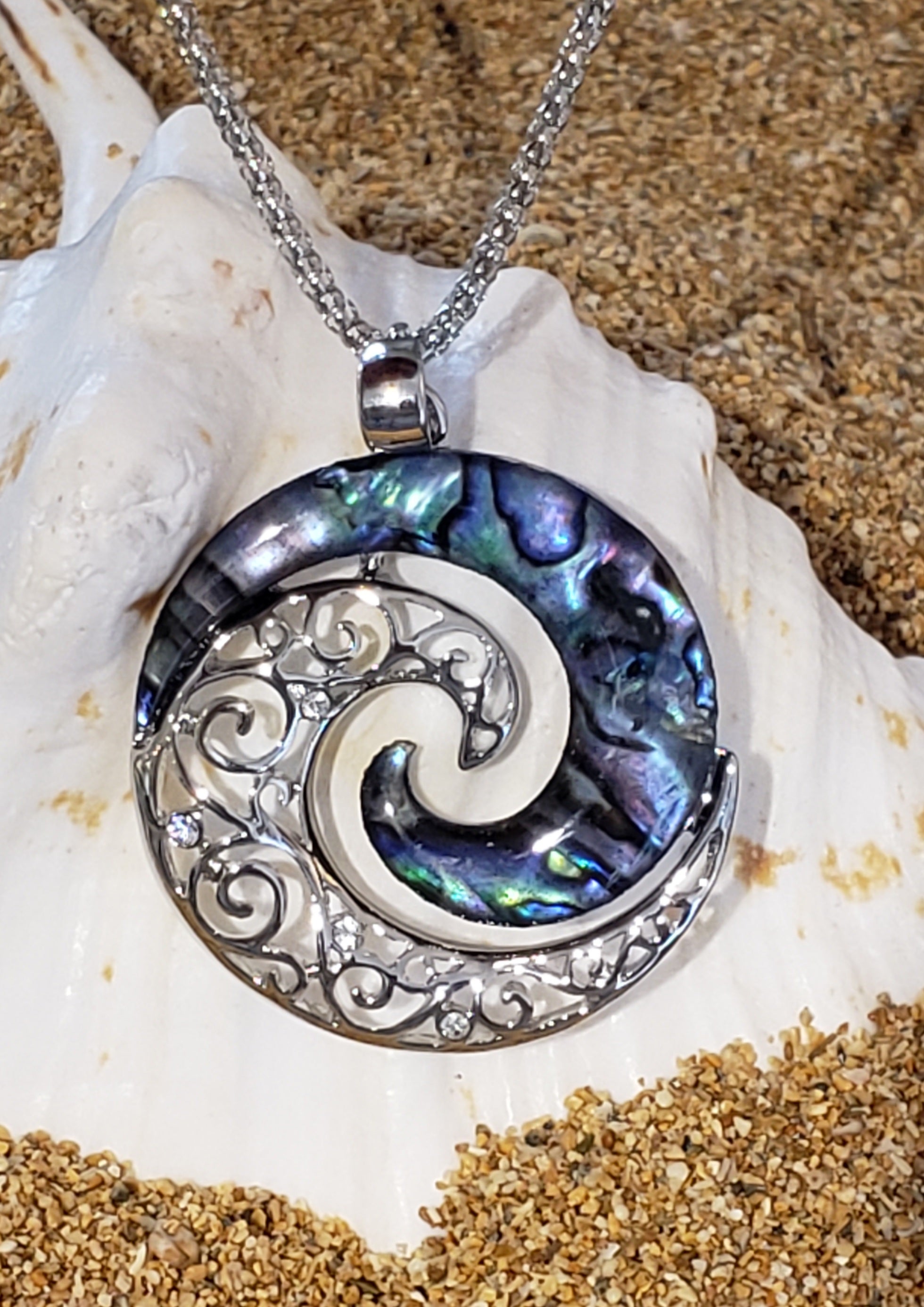 Abalone Shell Double Wave Swirl Stainless Steel pendant 2' long with 18"Chain