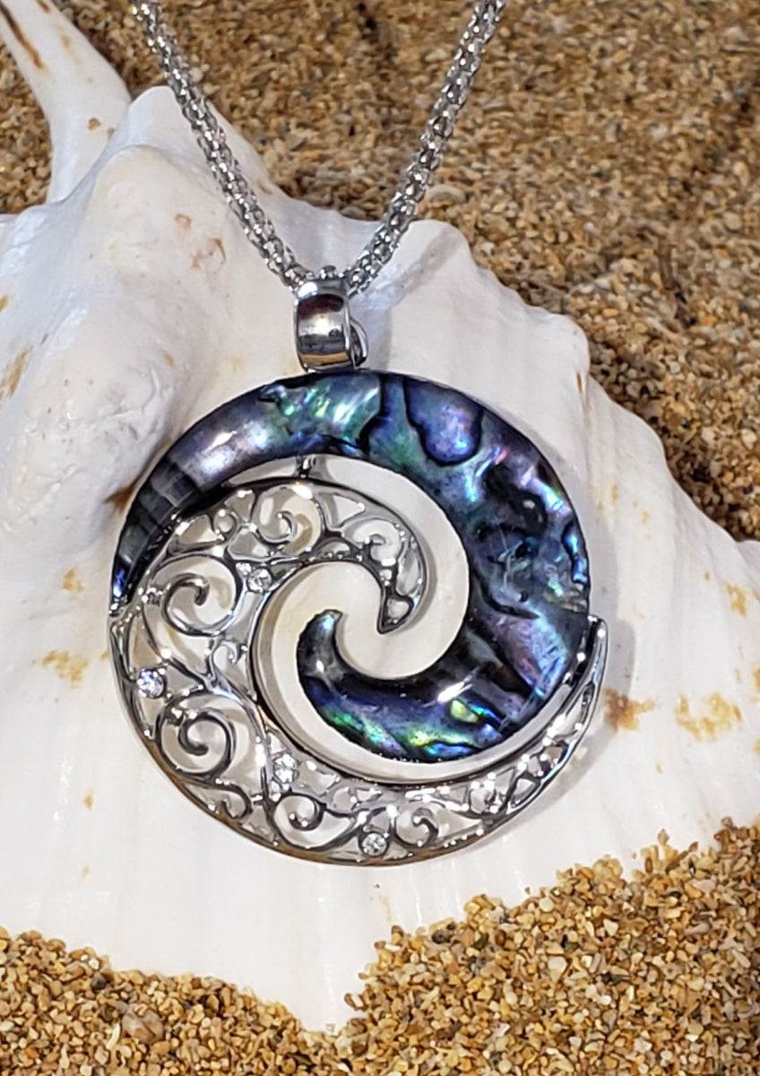 Abalone Shell Double Wave Swirl Stainless Steel pendant 2' long with 1 ...