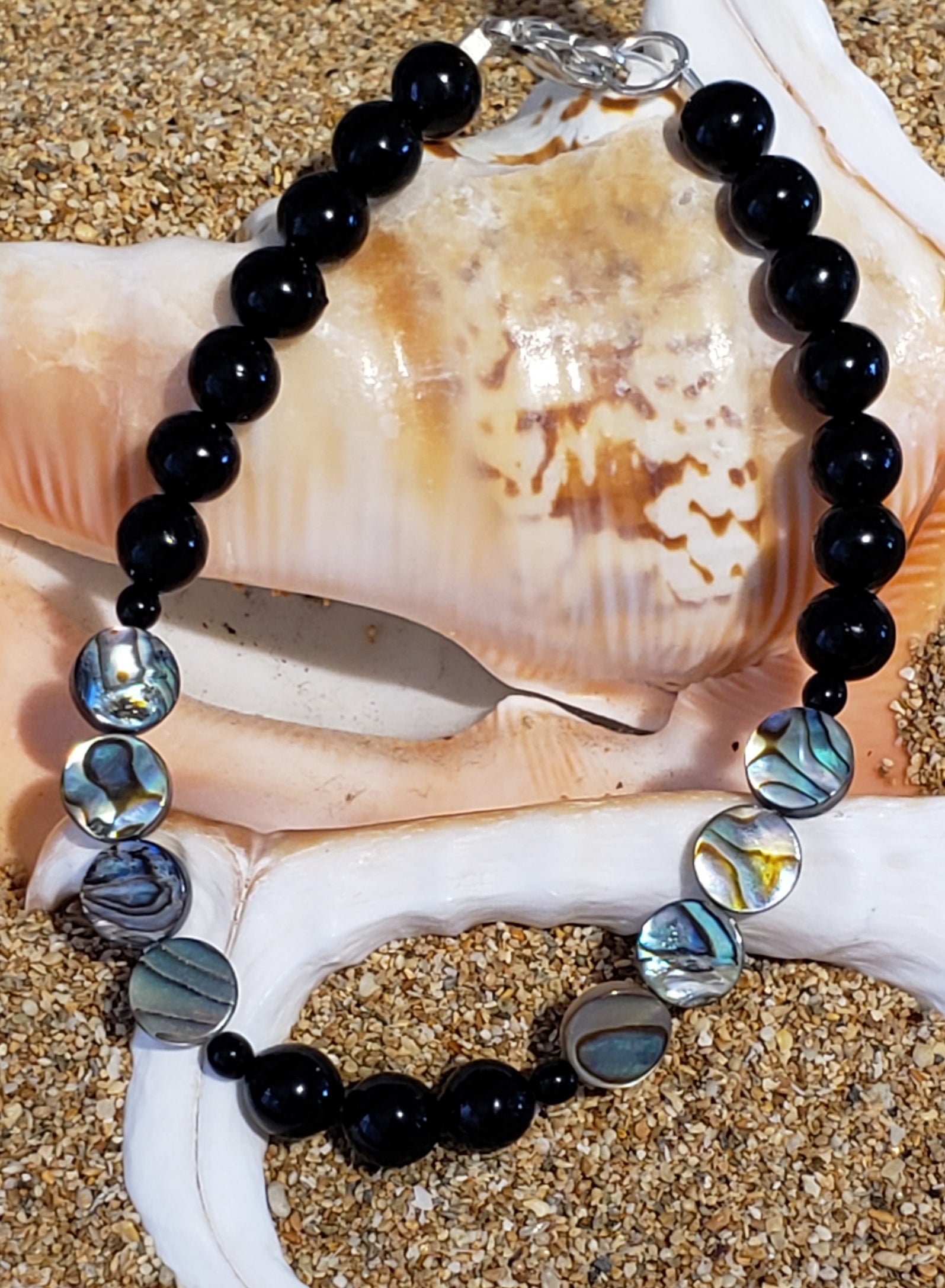 Black Coral & Abalone Shell Bracelet 7.5" Kauai Made