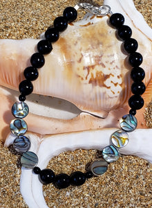 Black Coral & Abalone Shell Bracelet 7.5" Kauai Made